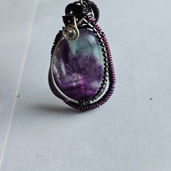 Natural Rainbow Fluorite Wire Wrapped Pendant Necklace, Purple Teal Gemstone - Picture 4 of 7